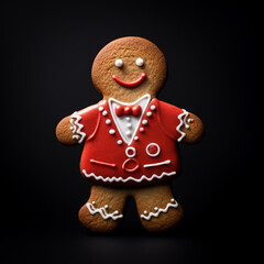 front view of a standing ginger man christmas cookies with red dressing on a isolated white background created with Generative Ai