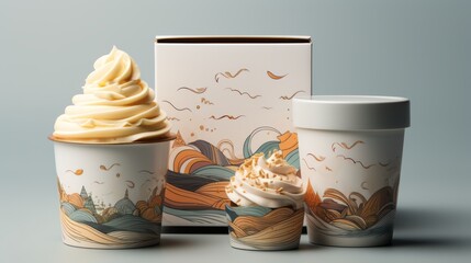 Product mockup on a blue background: packaging for desserts or ice cream with orange and blue illustrations. Photo mockup, front view. Horizontal banking for web. Photo AI Generated