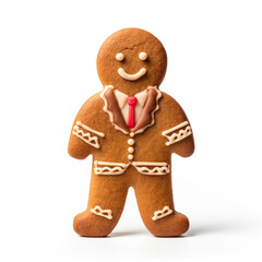 front view of a standing ginger man christmas cookies with red dressing on a isolated white background created with Generative Ai