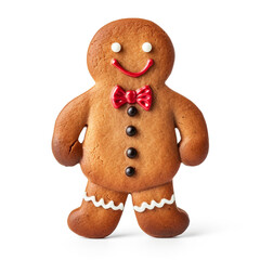 front view of a standing ginger man christmas cookies with red dressing on a isolated white background created with Generative Ai