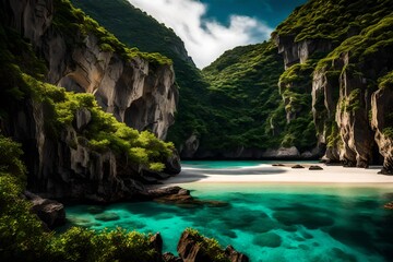 A secluded beach cove with powdery sands and crystal-clear waters, embraced by lush cliffs.