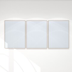 interior frames mockup with three wooden frames. Empty posters, gallery wall art set, simple design. 3d illustration