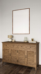 Elegant wooden sideboard with decorative items and blank frame in a modern interior