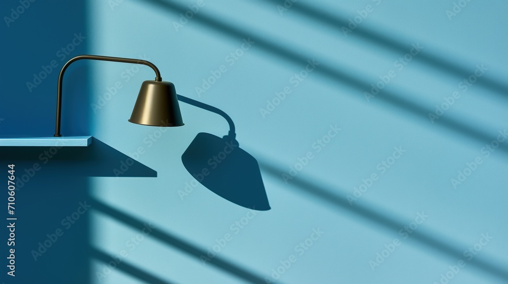 Aufkleber a minimalist scene featuring a brass wall lamp casting a sharp shadow on a blue wall, creating a pla