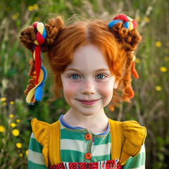 Kleines, fröhliches Mädchen mit roten Haare, Sommersprossen und buntem Kostüm - 710607863