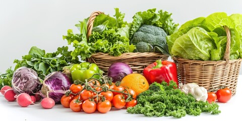 Fresh organic vegetables and fruits in a basket on white background