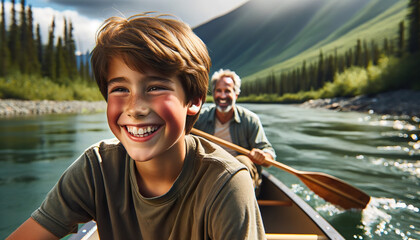 A father and son on a camping canoe trip in Alaska on a river