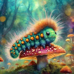 Foto op Plexiglas a hyper-realistic image of a fuzzy and cute psychedelic caterpillar sitting atop a mushroom. Infuse vibrant and surreal colors into the scene, ensuring that the caterpillar's fuzziness and the mushroo © Asad