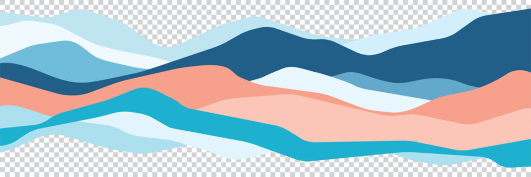 Mountains flat color illustration. Colorful hills on transparent background. Abstract simple landscape. Multicolored aqua shapes. Vector design art