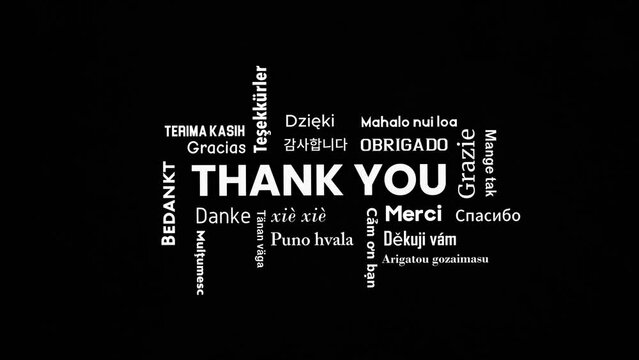 Thank you text animation in different languages. 4K quality video footage