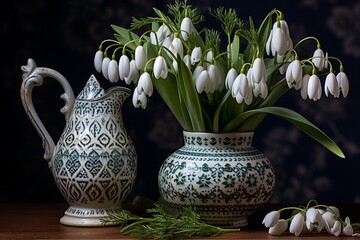 Bouquet of snowdrops in vase on a dark background