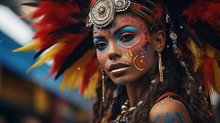 Woman With Vibrant Face Paint in Red and Yellow