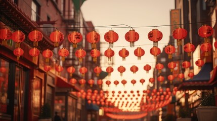 Street decorated with red lanterns celebrating Chinese New Year. Cultural tradition.