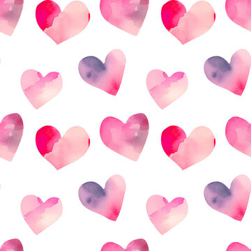 Seamless pattern with watercolor pink hearts with purple and red spots. Watercolor and colored pencil texture pattern in purple shades. Minimalistic Valentine's Day pattern for wrapping paper or keep