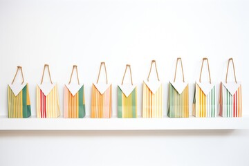 diagonal line of mini paper favor bags on white backdrop