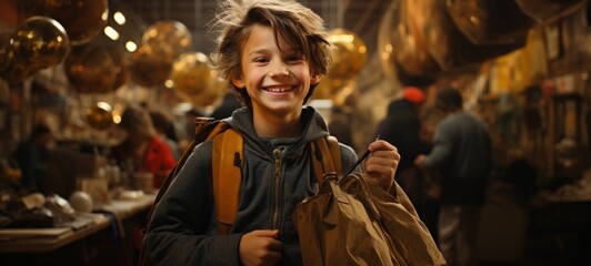 Cheerful boy with a backpack in the market between the grocery rows. Portrait photo. Horizontal banking for web. Photo AI Generated - obrazy, fototapety, plakaty