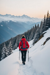 A close-up view from behind, candid photo of a person hiking on snow in the mountains in the vacation trip week - obrazy, fototapety, plakaty