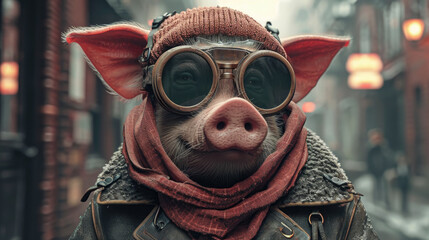 Sophisticated pig graces the urban landscape in tailored fashion, epitomizing street style. The realistic city backdrop sets the stage for this stylish swine, blending whimsy with contemporary eleganc