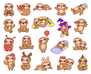 Cute kawaii baby sloth. Cartoon funny animal character. Hand drawn style. Vector drawing. Collection of design elements. © palau83