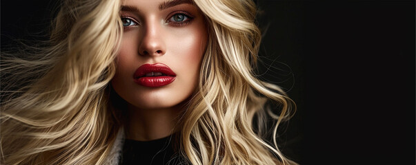 Fototapeta premium Long haired blonde model with strict face and amazing makeup, ai technology