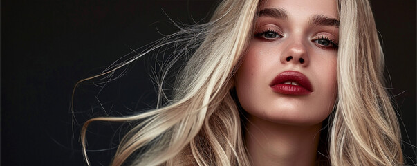 Fototapeta premium Long haired blonde model with strict face and amazing makeup, ai technology