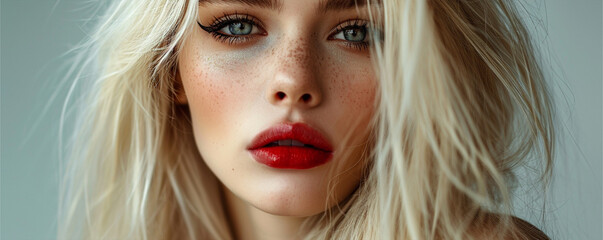 Fototapeta premium Long haired blonde model with strict face and amazing makeup, ai technology