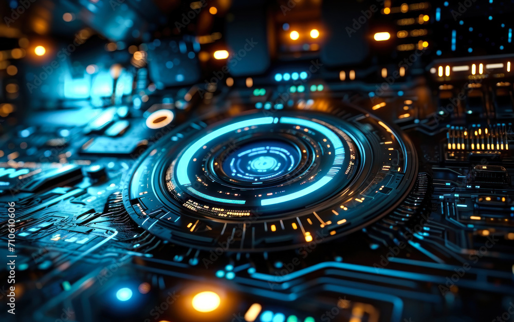 Poster futuristic blue digital hud interface with glowing cyber circuit elements, depicting advanced techno