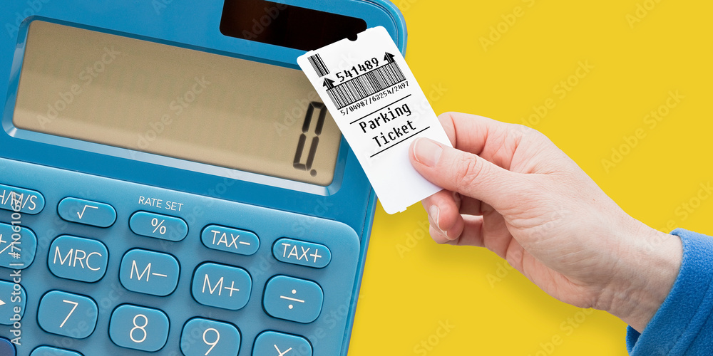 Poster parking costs concept with and holds a parking ticket - parking payment concept with calculator - qr