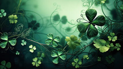 Artistic green shamrock leaves and swirling patterns on a vibrant background, symbolizing luck, Irish culture, St Patrick's Day celebrations, and springtime freshness - obrazy, fototapety, plakaty