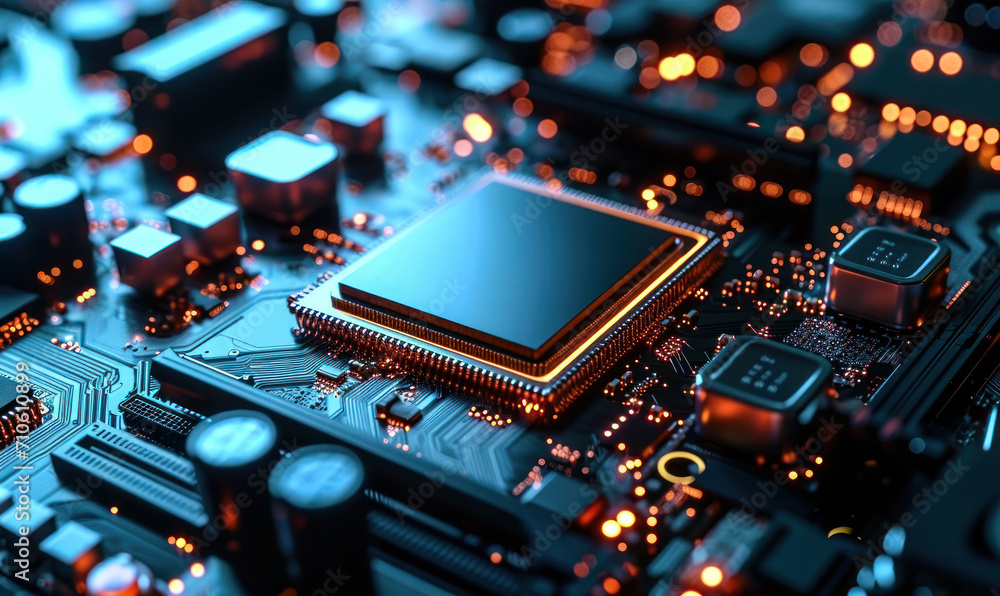 Poster high-tech microprocessor chip on a motherboard, a concept of advanced technology, computing power an