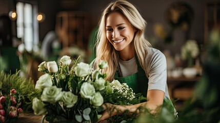 Woman Arranging Flowers in Green Apron