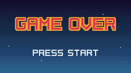Pixel art Game Over screen with starry sky on background. 8-bit retro video arcade style Game Over backdrop screen with Press Start button. - obrazy, fototapety, plakaty