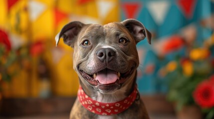 the festive setting includes colorful banners and ecorations that emphasize the beauty and nobility of Pitbulls, - obrazy, fototapety, plakaty