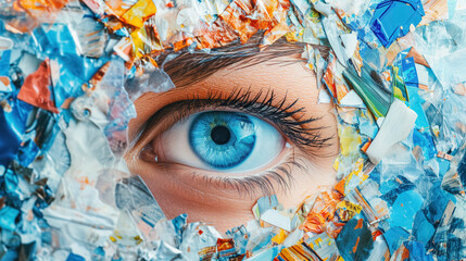 Vivid blue eye surrounded by colorful fragments.