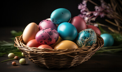Multicolored Easter eggs in a rustic wicker basket on a dark wooden table with soft light, symbolizing Easter traditions, spring celebrations, and artistic egg painting