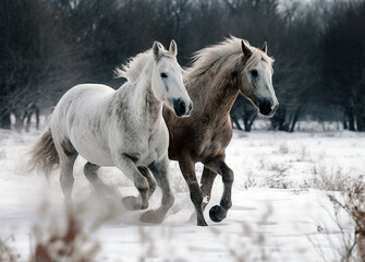 Obraz na płótnie Canvas -1 two horses running in a snowy, generative ai