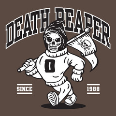 The Grim Reaper Death Mascot Character Design in Sport Vintage Athletic Style Hand Drawing Vector