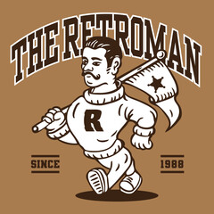 The Retro Vintage Man Mascot Character Design in Sport Vintage Athletic Style Hand Drawing Vector