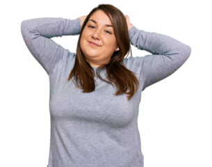 Beautiful brunette plus size woman wearing casual clothes doing bunny ears gesture with hands palms looking cynical and skeptical. easter rabbit concept.