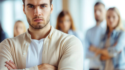 Obraz premium Confident man with crossed arms, serious expression.
