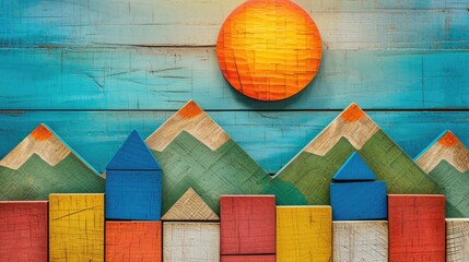 Colorful wooden blocks depicting a landscape with mountains and sun background
