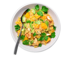 Quinoa Salad with Orange, Chicken and Avocado, Healthy Meal on White Background