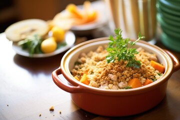 cassoulet in a traditional pot with breadcrumbs on top