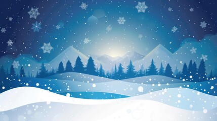 Geometric winter landscape with snowflakes background