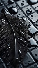 exquisite raindrops on black feather, elegant mobile wallpaper with square patterned surface
