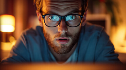 Shocked man staring at a computer screen. - obrazy, fototapety, plakaty