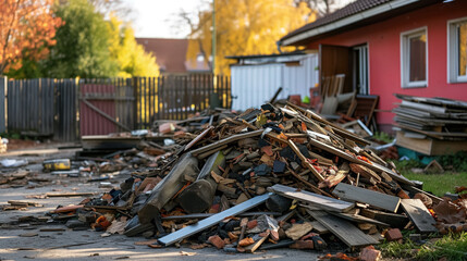 Pile of construction debris on a residential street.