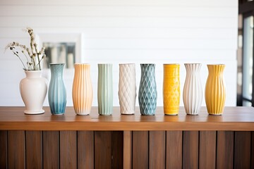 elegant ceramic vases lined up on a wooden table