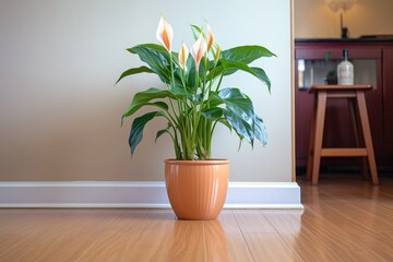 Fototapeta premium a terracotta pot with a peace lily on a wooden floor