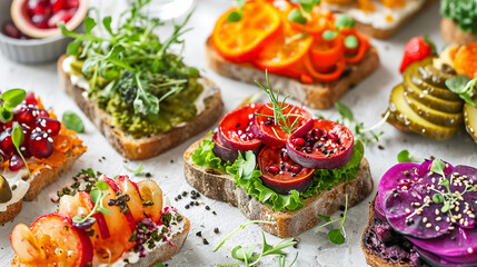 A variety of healthy toasts with vegetables, seeds and microgreens. Colorful plant-based vegan snacks. Catering.
